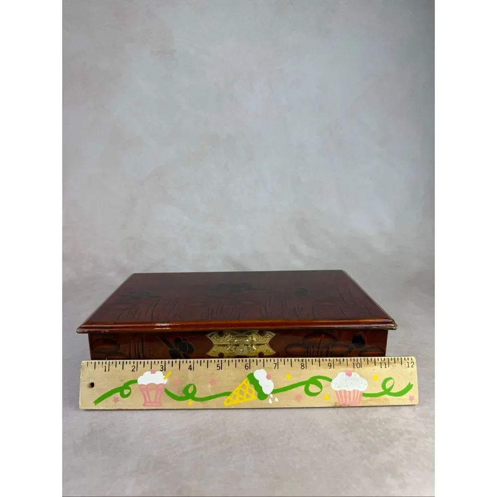 Vintage Chinese Lacquered Wood Vanity Jewelry Box w/ Mirror READ